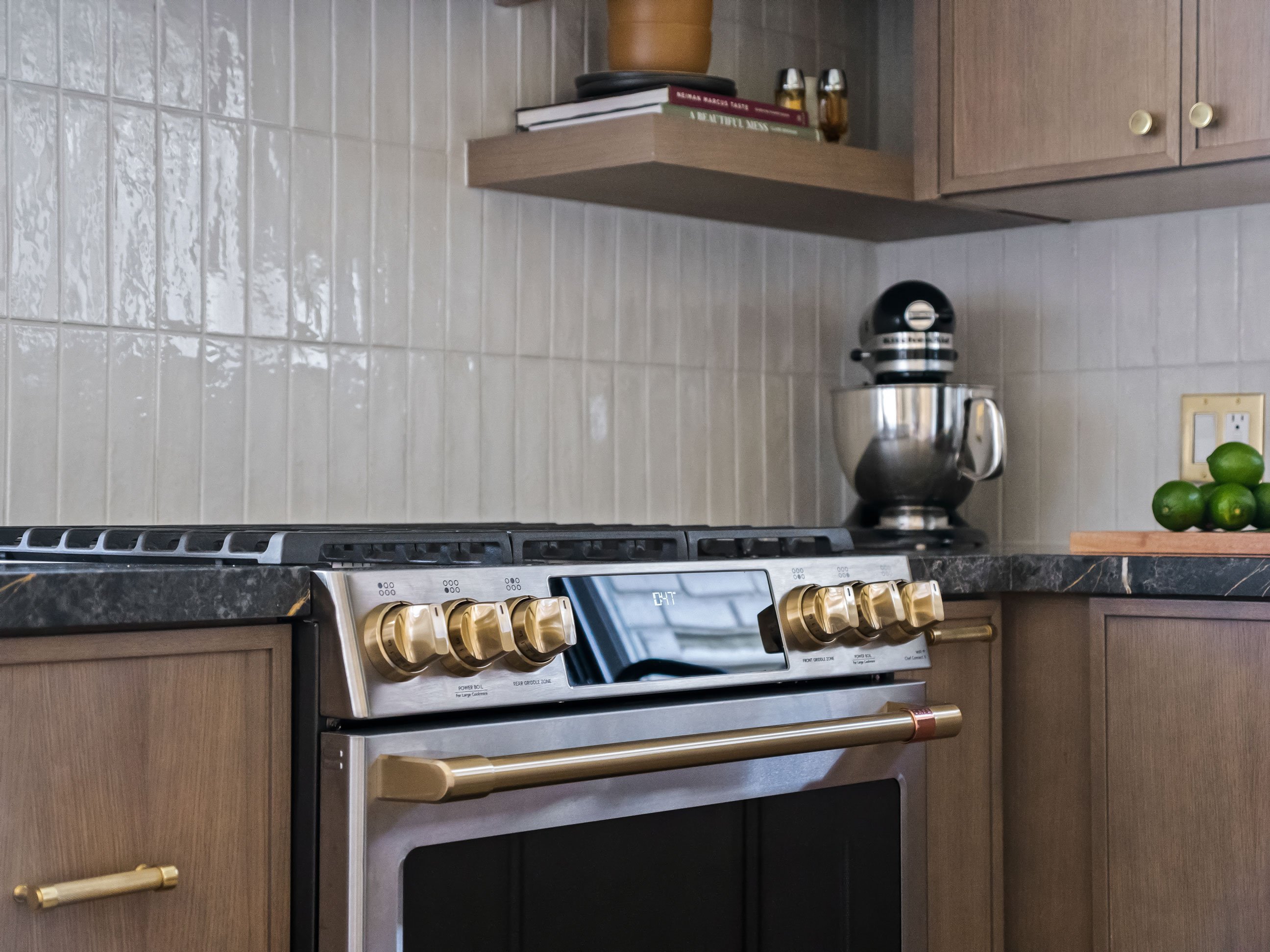 Stainless steel range with gold hardware